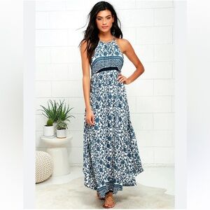 Ivory and blue maxi dress with high neck and open back, size M